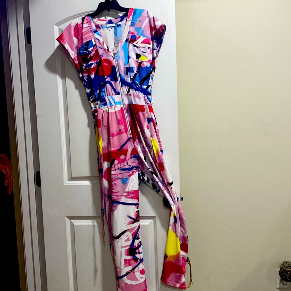 Painted splash multicolored zippered jumpsuit with belt